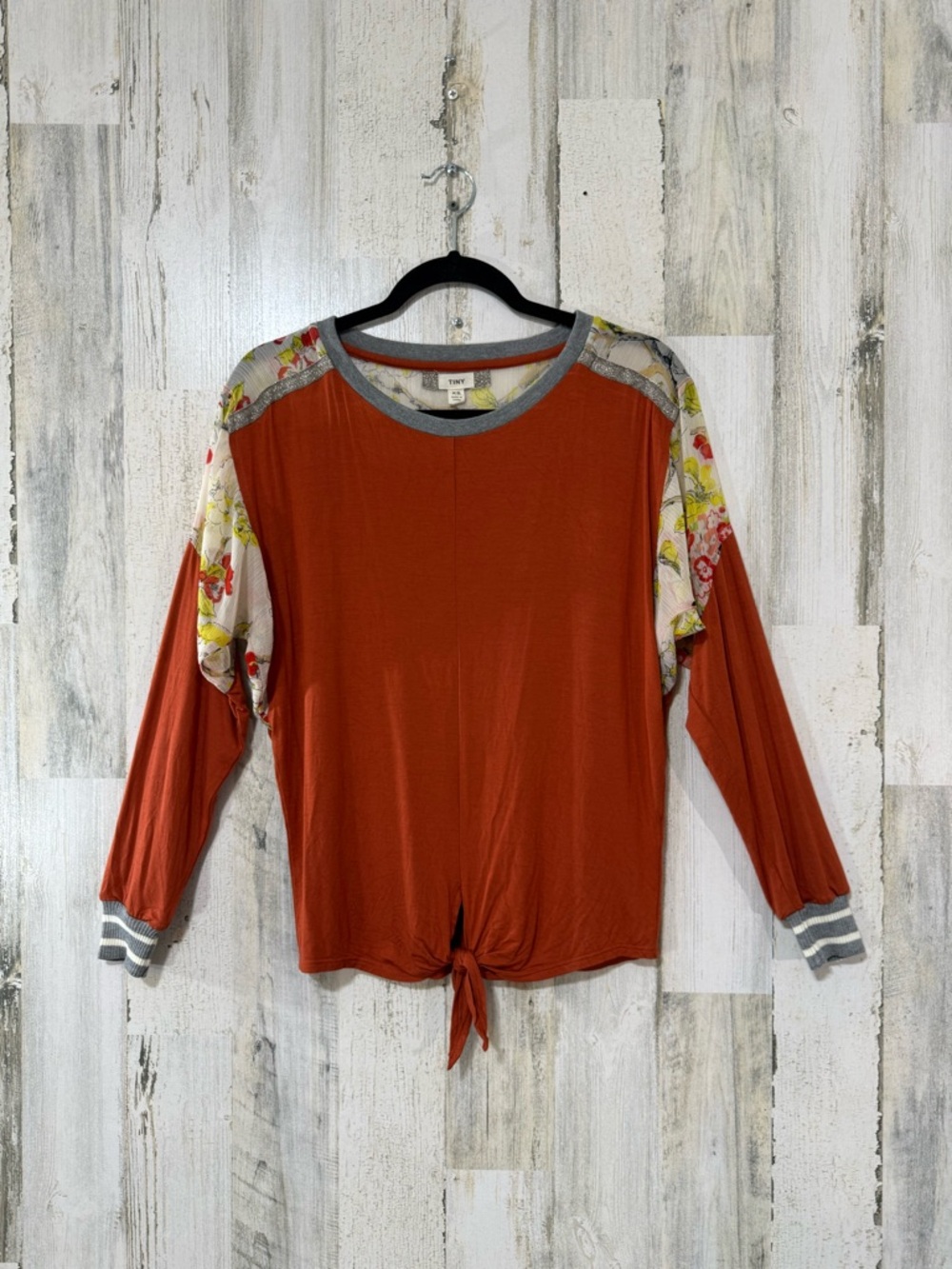 Rust Floral Sheer Sleeve Tie-Front Women's Top